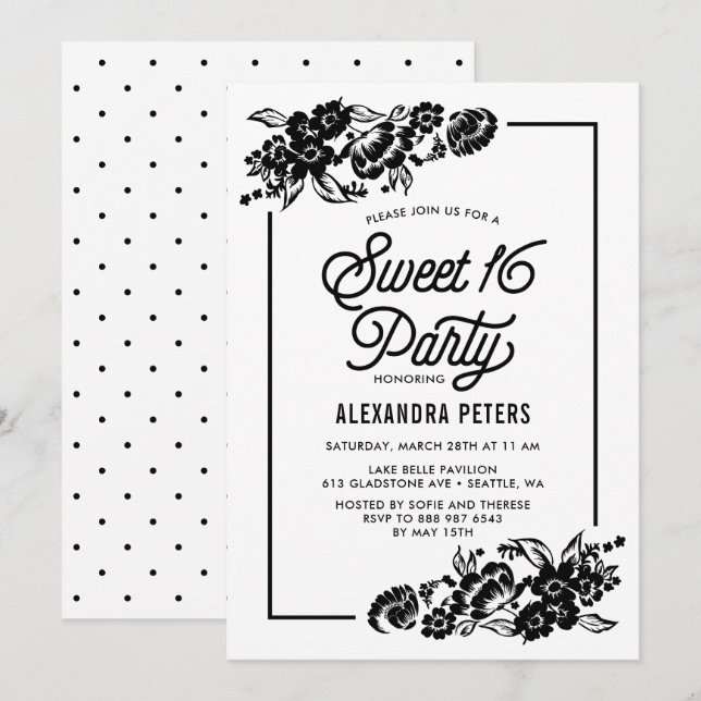 Black & White Modern Floral Accents Sweet Sixteen Invitation (Front/Back)