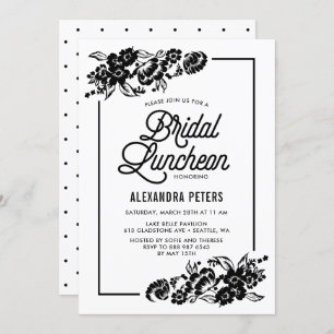 Black & White Modern Floral Bridal Luncheon Invitation