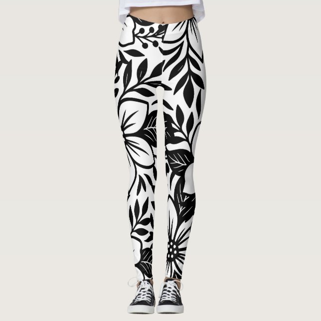 Black White Modern Floral Elegant Tropical Bloom Leggings (Front)
