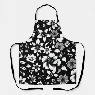 Black White Modern Floral Leaves Blowing Apron