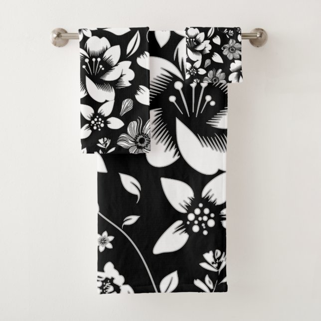 Black White Modern Floral Leaves Blowing Bath Towel Set (Insitu)