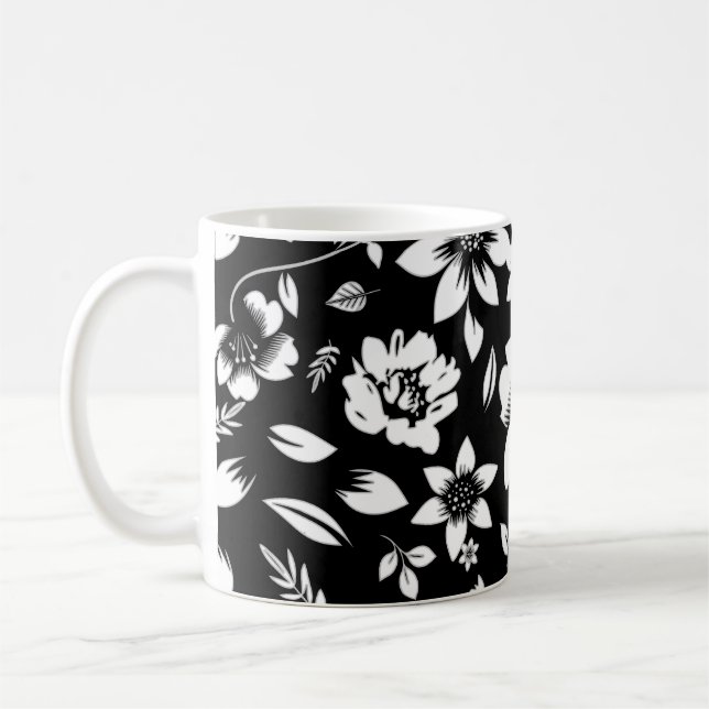 Black White Modern Floral Leaves Blowing Coffee Mug (Left)