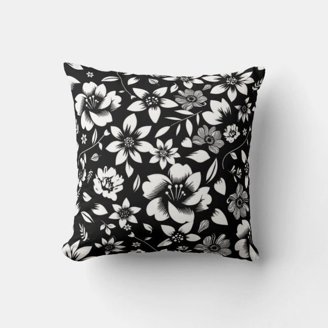 Black White Modern Floral Leaves Blowing Cushion (Front)