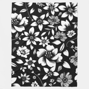 Black White Modern Floral Leaves Blowing Fleece Blanket