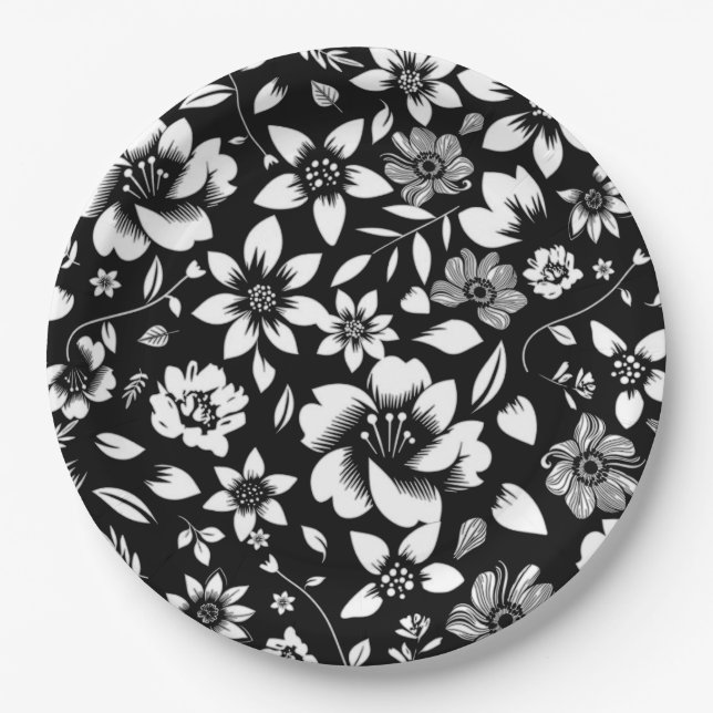 Black White Modern Floral Leaves Blowing Paper Plate (Front)