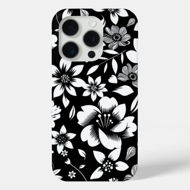 Black White Modern Floral Leaves Blowing Print Case-Mate iPhone Case (Back)