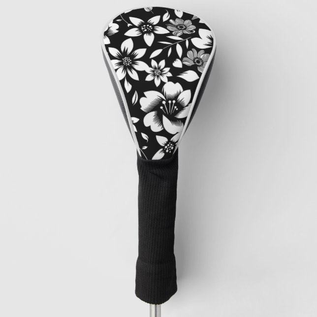 Black White Modern Floral Leaves Blowing Print Golf Head Cover (Front)