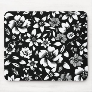 Black White Modern Floral Leaves Blowing Print Mouse Mat