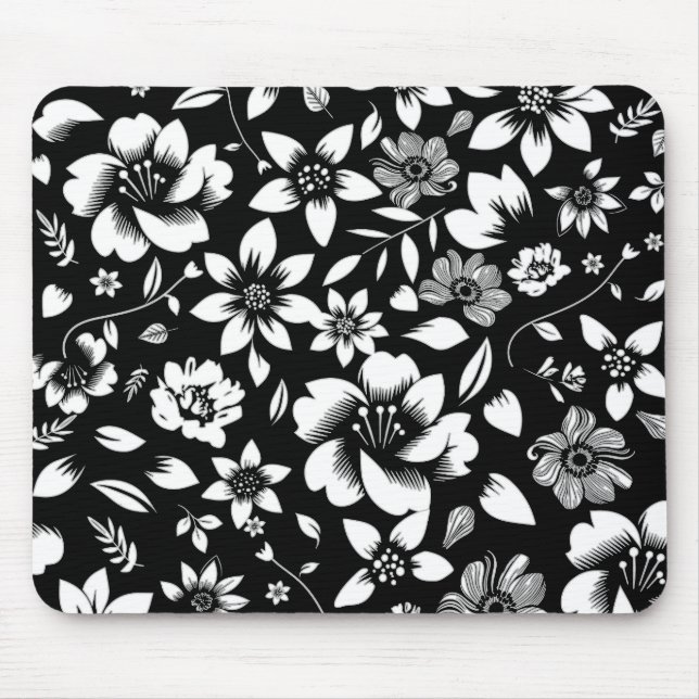 Black White Modern Floral Leaves Blowing Print Mouse Mat (Front)