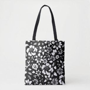 Black White Modern Floral Leaves Blowing Print Tote Bag