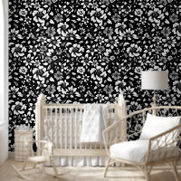 Black White Modern Floral Leaves Blowing Print