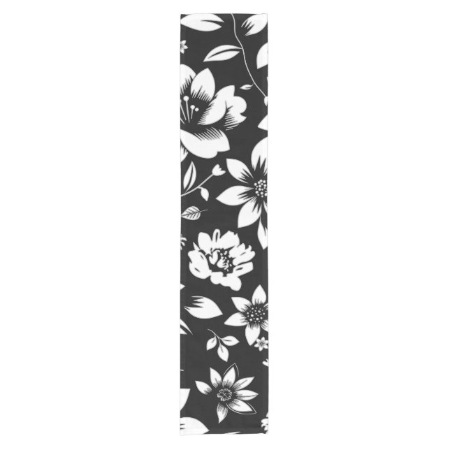 Black White Modern Floral Leaves Blowing Short Table Runner (Front)