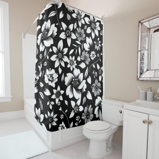 Black White Modern Floral Leaves Blowing Shower Curtain (In Situ)