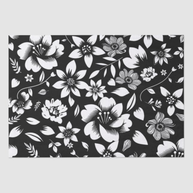 Black White Modern Floral Leaves Blowing Tissue Paper (Front)