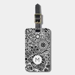 Black White Modern Floral Monogram Initial Luggage Tag