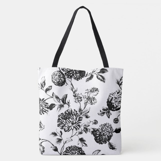 Black & White Modern Floral Toile Tote Bag (Back)