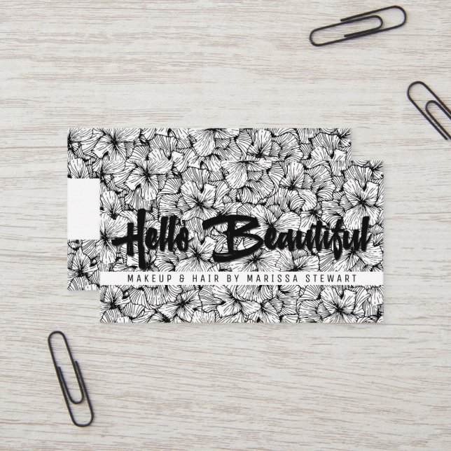 Black White Modern Flowers Hello Beautiful Business Card (Front/Back In Situ)