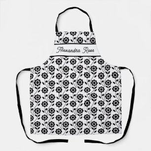 Black White Modern Geometric Flower Pattern Name Apron