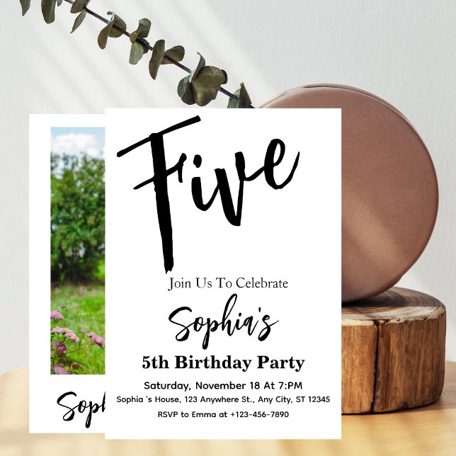 Black & White Modern Girl 5th Birthday Party Photo Invitation (Creator Uploaded)