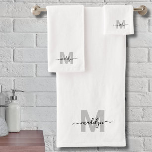 Black White Modern Girly Script Name Monogram Bath Towel Set