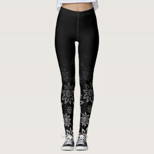 Black & White Modern Graphic Flower Pattern Leggings