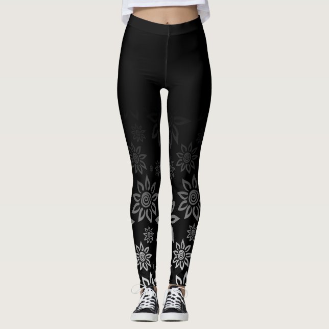 Black & White Modern Graphic Flower Pattern Leggings (Front)