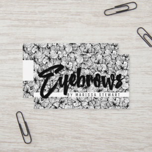 Black White Modern Hand Drawn Flowers Eyebrows Business Card