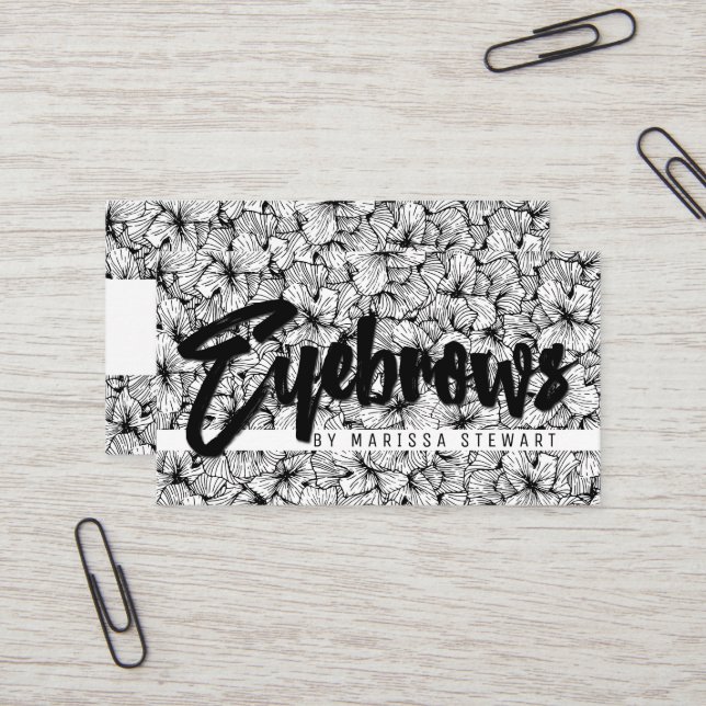 Black White Modern Hand Drawn Flowers Eyebrows Business Card (Front/Back In Situ)