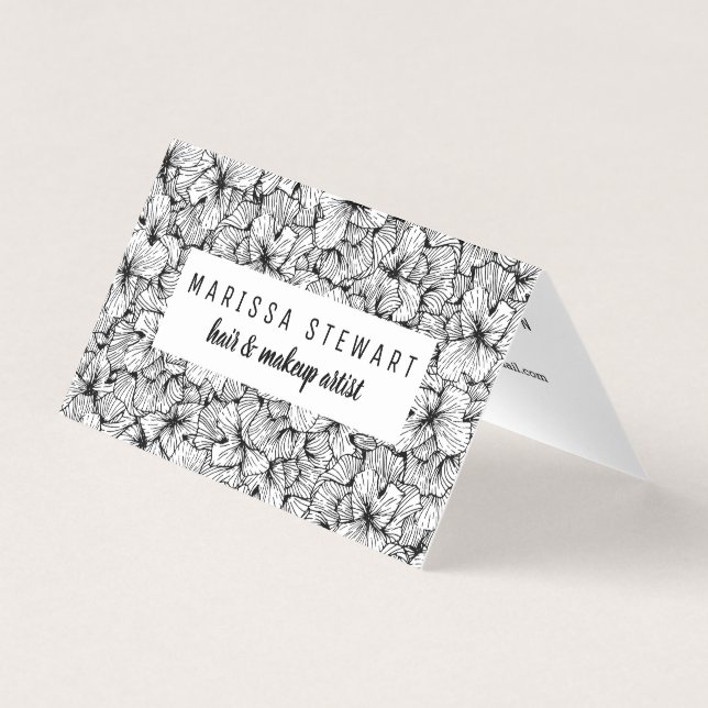Black White Modern Hand Drawn Flowers Social Media Business Card (Front)