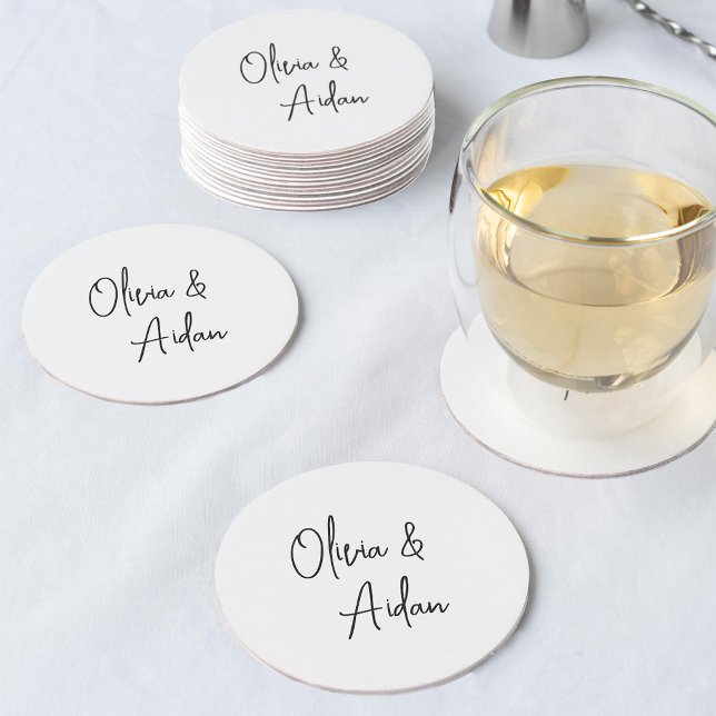 Black & White Modern Handwritten Script Wedding Round Paper Coaster (Creator Uploaded)