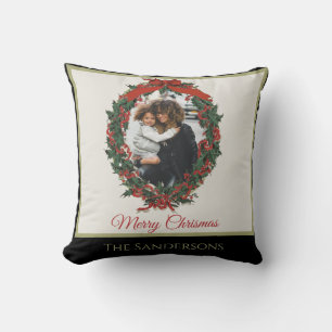 Black White Modern Holiday Photo Wreath Christmas Cushion