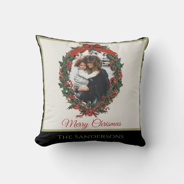 Black White Modern Holiday Photo Wreath Christmas Cushion (Front)