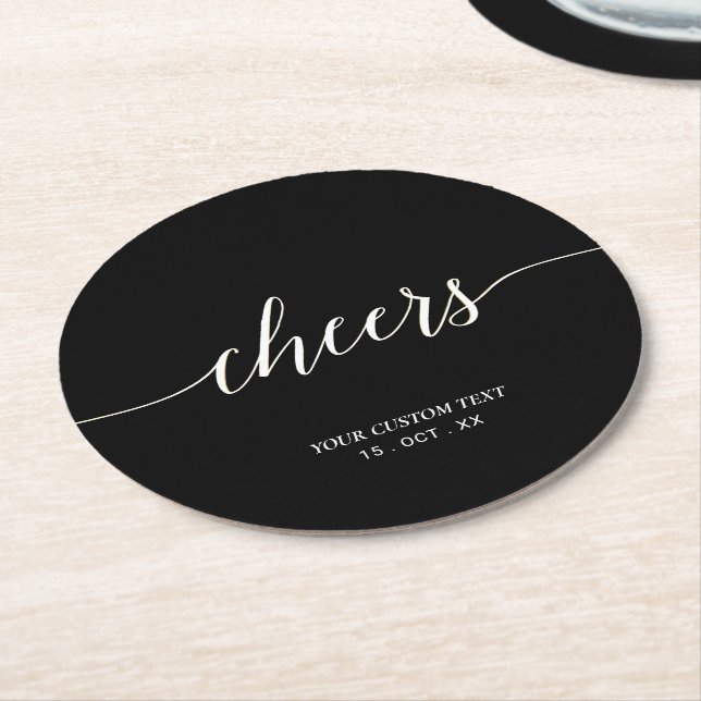 Black & White Modern Lettering Cheers Party Round Paper Coaster (Angled)