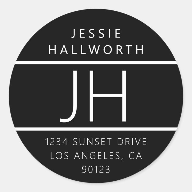 Black & White Modern Looking Return Address Classic Round Sticker (Front)