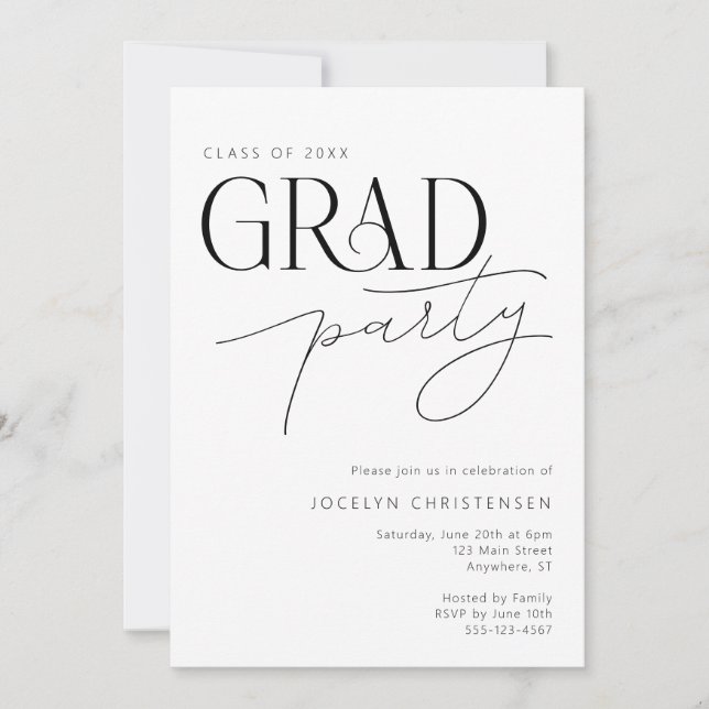 Black White Modern Minimal Grad Party Invitation (Front)