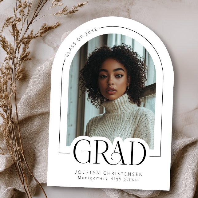 Black White Modern Minimal Grad Photo Announcement (Shown on a 5" x 7" invitation with arch corner type)