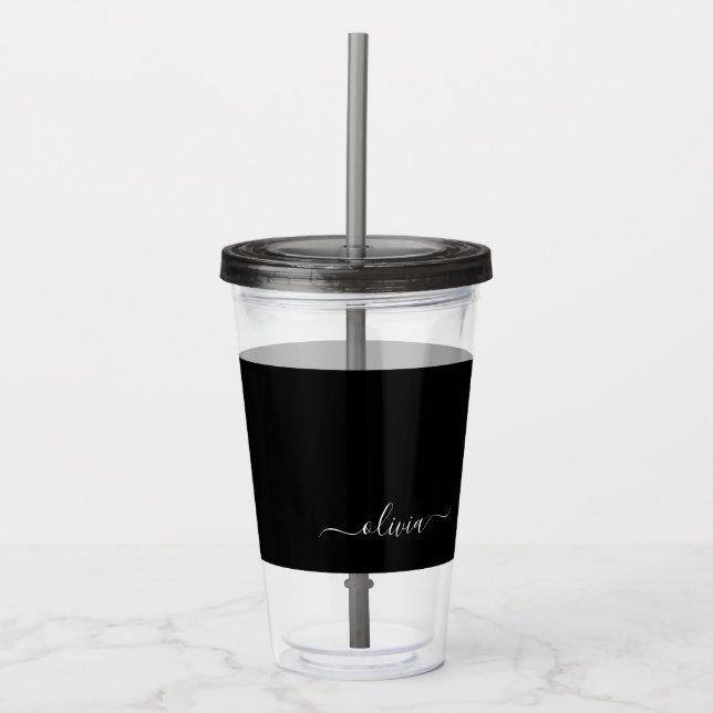 Black White Modern Minimalist Elegant Monogram Acrylic Tumbler (Front)