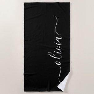 Black White Modern Minimalist Elegant Monogram Beach Towel