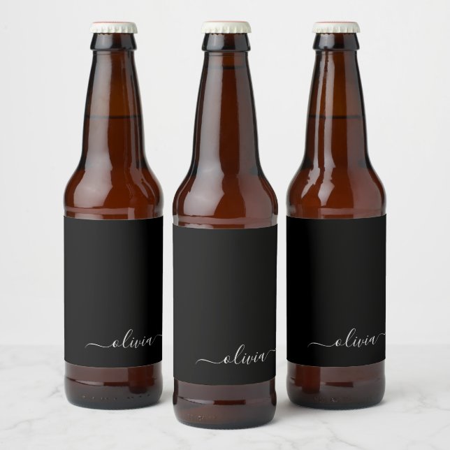 Black White Modern Minimalist Elegant Monogram Beer Bottle Label (Bottles)