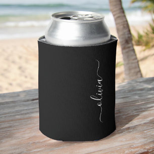Black White Modern Minimalist Elegant Monogram Can Cooler