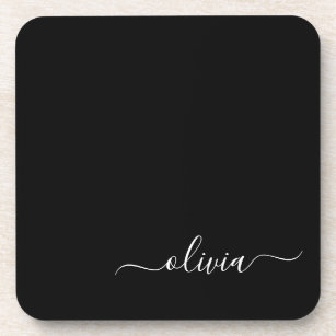 Black White Modern Minimalist Elegant Monogram Coaster