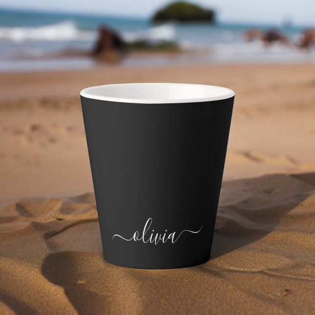 Black White Modern Minimalist Elegant Monogram Latte Mug (Creator Uploaded)