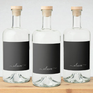 Black White Modern Minimalist Elegant Monogram Liquor Bottle Label
