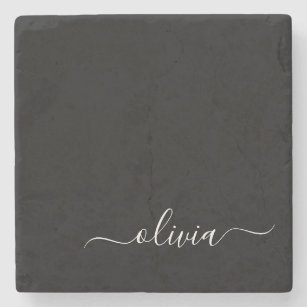 Black White Modern Minimalist Elegant Monogram Stone Coaster