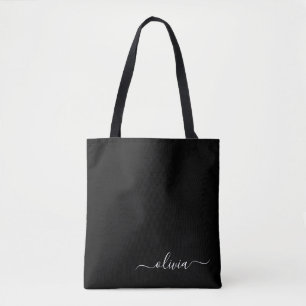 Black White Modern Minimalist Elegant Monogram Tote Bag