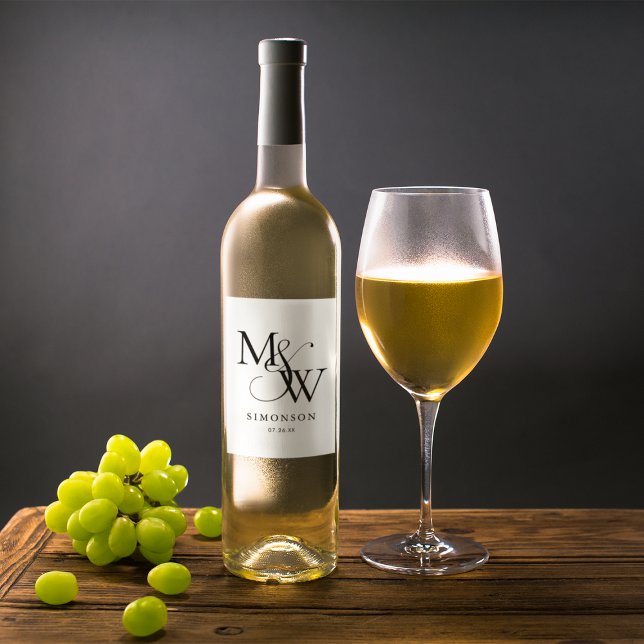 Black White Modern Minimalist Monogram Wedding Wine Label (Creator Uploaded)