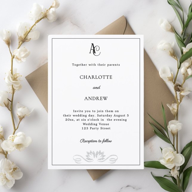 Black white modern monogram diamonds wedding invitation (Creator Uploaded)
