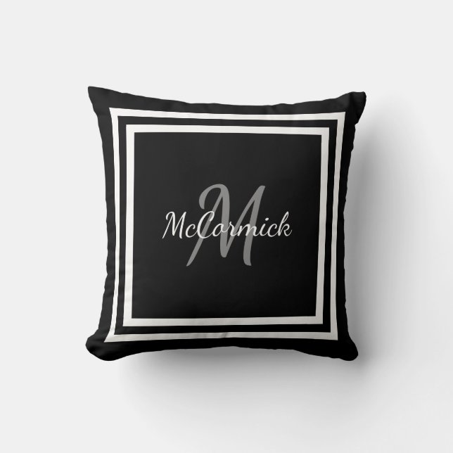 Black White Modern Monogrammed Pillow (Front)