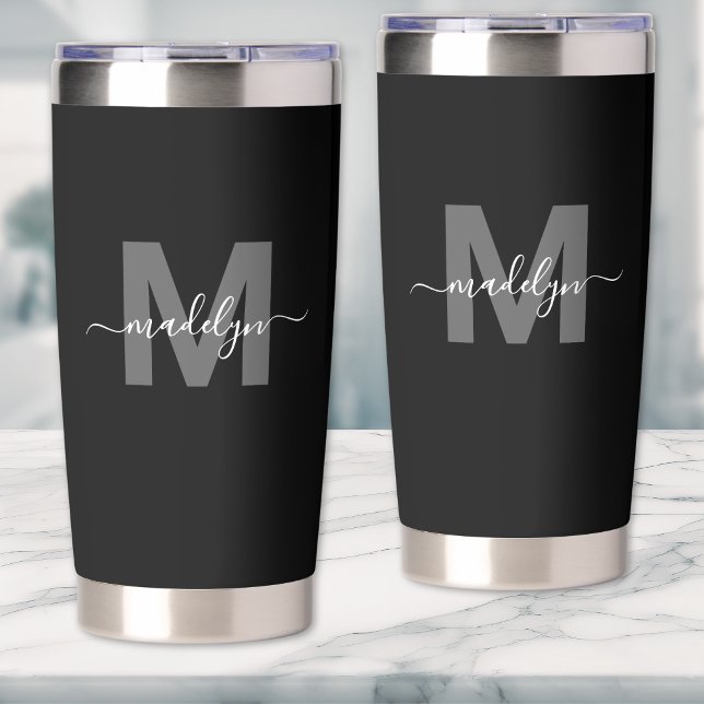 Black White Modern Name Monogram Insulated Tumbler (Black White Modern Name Monogram Insulated Tumbler)