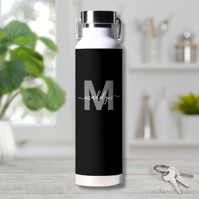 Black White Modern Name Monogram Water Bottle (Black White Modern Name Monogram Water Bottle)